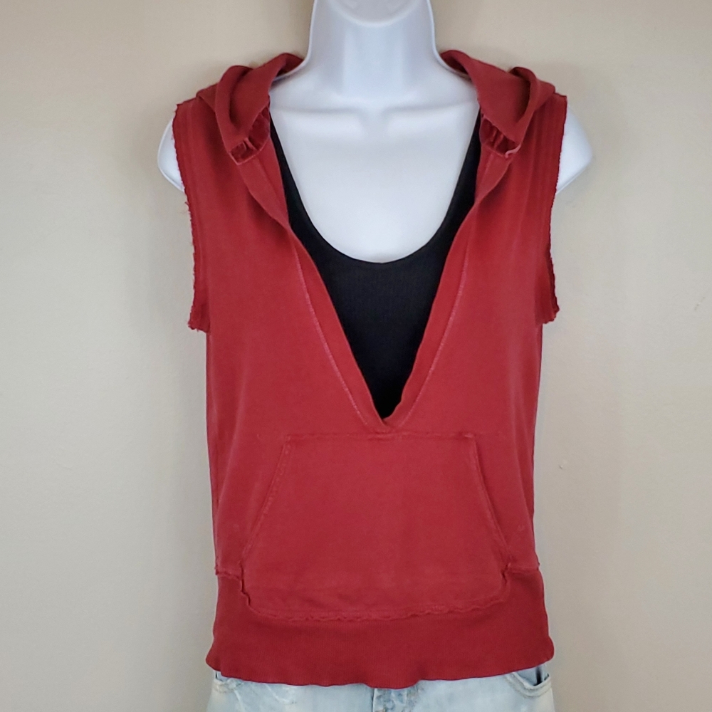 Arizona Jean Co. Deep V-Neck Sleeveless Raw Edge Hoodie